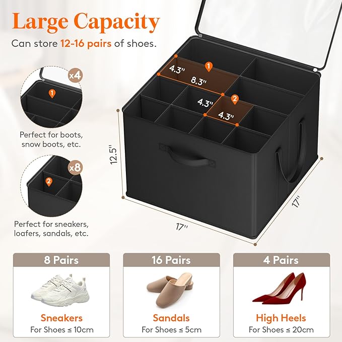 Lifewit Shoe Storage Organizer for Closet, Fabric Large Shoe Box Storage Containers with Clear Cover, Foldable Bins for Boots Heels Sneakers Fits 36-48 Pairs (Each 12-16 Pairs) 3 Pack Black