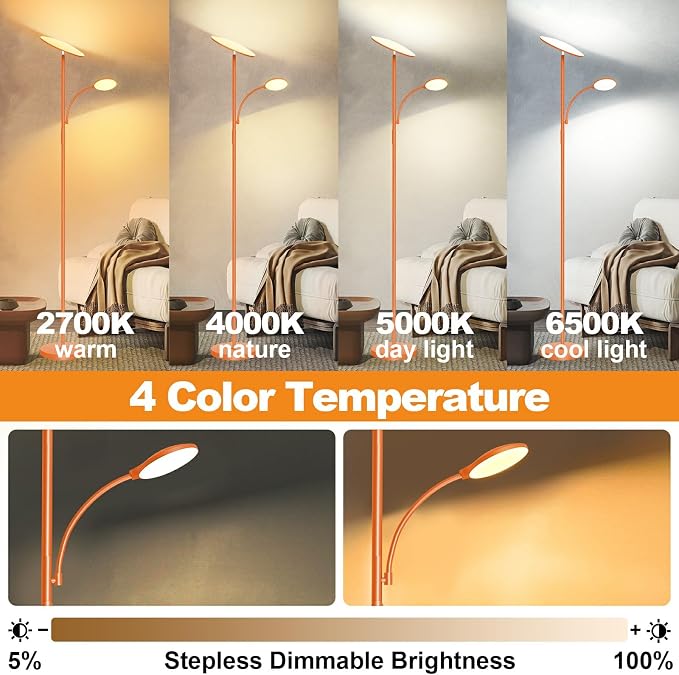 marctronic Orange Floor Lamps for Living Room, 44W/4500LM Super Bright 2 in 1 LED Floor Lamp with Remote, Stepless Dimmable