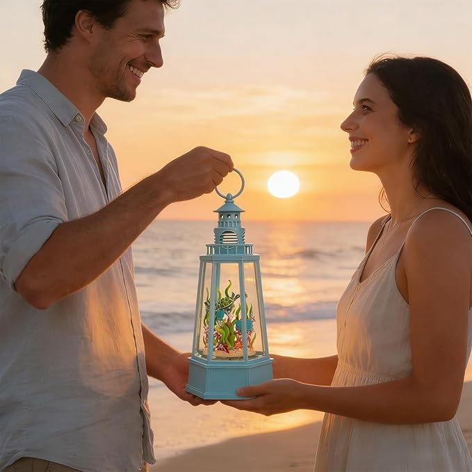 Ocean Themed Snow Globe Lantern with Music - USB or Battery Powered Light Up Water Lantern with Sea Turtle Swirling Glitter Water Globe for Summer Costal Ocean Decor Gift for Ocean Lover (Sea Turtle)