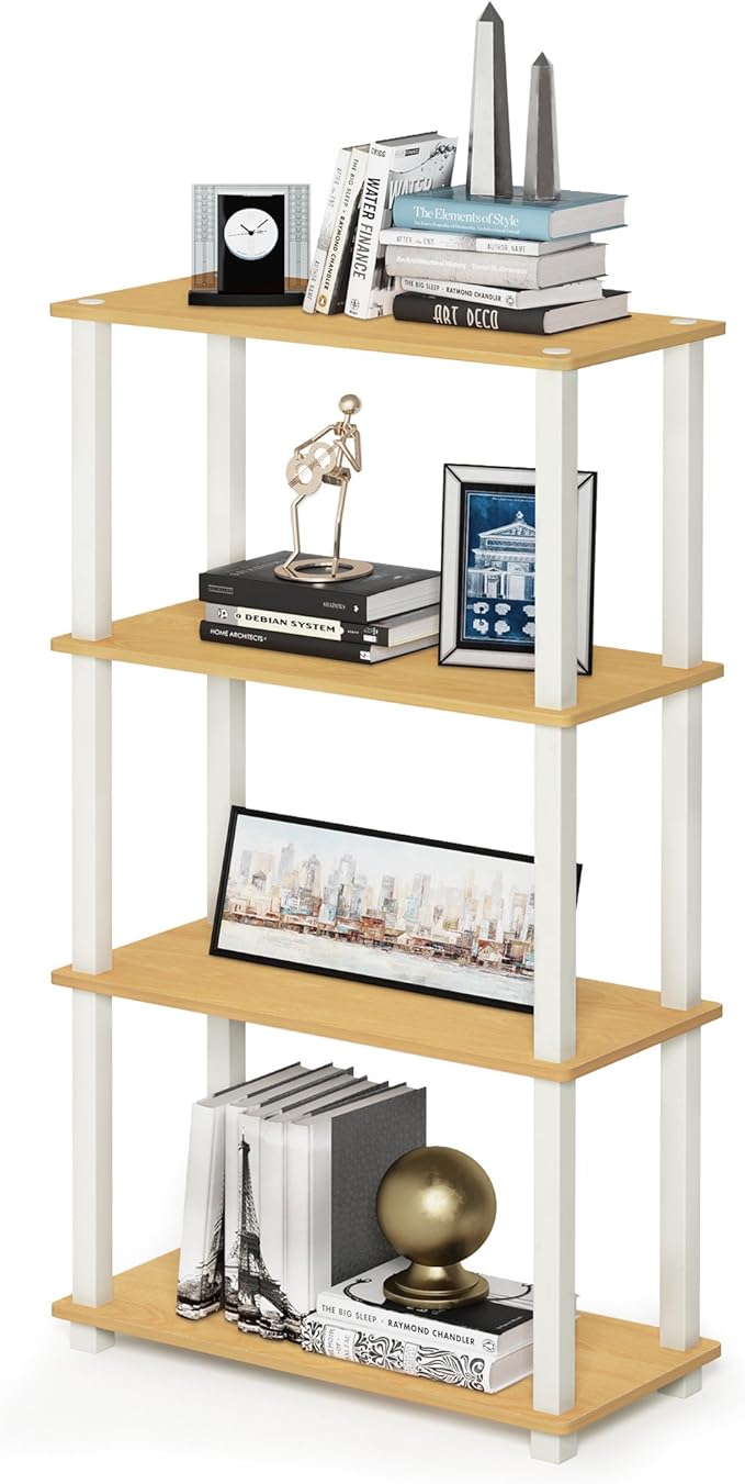 Furinno TURN-S-TUBE Storage Shelves, 4-Tier Book Shelf, Corner Shelf, Toolless Open Shelves, for Organization and Storage, Living Room, Garage, Home Office, Beech