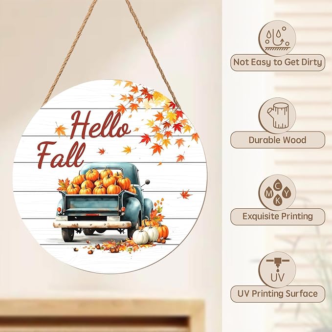 Hello Fall Wreath for Front Door Fall Truck Welcome Door Sign 12x12 Inch Autumn Maple Leaf Pumpkin Wood Door Hanger Farmhouse Thanksgiving Hanging Plaque for Home Porch Wall Indoor Outdoor Decorations