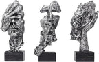 aboxoo Large Size 3 Pcs Thinker Statue, Silence is Gold, See No Evil Hear No Evil Speak No Evil Statues, Modern Resin Sculptures Decor for Living Room, Home, Office Study (Silver)