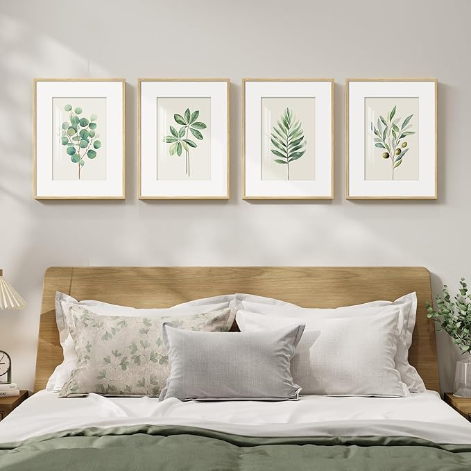 Framed Sage Green Botanical Wall Art for Bedroom, Modern Farmhouse Boho Plant Artwork for Walls, Minimalist Green White Leaf Pictures for Living Room Kitchen Dining Room Office Wall Decor, 12x16 Inch