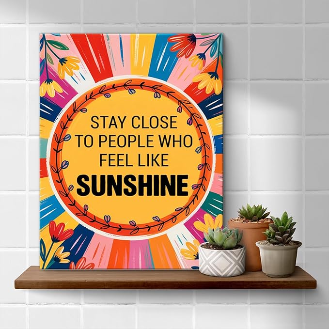Inspirational Sunshine Wall Art Decor, Motivational Canvas Painting Pictures Artwork Posters Hippie Decor for Teens Room Bedroom, Natural Life Gifts for Women (11.5 X 15 Inches, Framed)