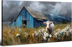 AIYISU Farmhouse Cow Wall Art Rustic Barn Landscape Pictures Wall Decor Blue Barn Wildflower Field Canvas Prints Country Farm Animal Artwork for Living Room Dining Room Bedroom Home Decoration 24x48