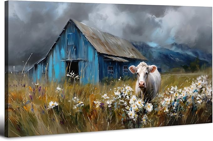 Farmhouse Barn Wall Art Cow Pictures Wall Decor Rustic Blue Barn Landscape Kitchen Wall Decor Country Wildflower Meadow Field Canvas Prints Artwork for Living Room Dining Room Home Decoration 20x40"
