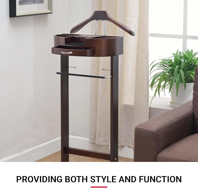 Proman Products - Crescent Moon Valet, Mens Valet Stand with Drawer, Top Tray, Contour Hanger, Trouser Bar, Belt Hooks & Shoe Rack, Accessory & Clothes Organizer (Mahogany)