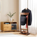 Wooden Suit Valet Stand for Men, Clothes Valet with Drawer, Shoe Rack, Tie Rack and Trouser Bar, Freestanding Clothes Organizer for Bedroom Entryway
