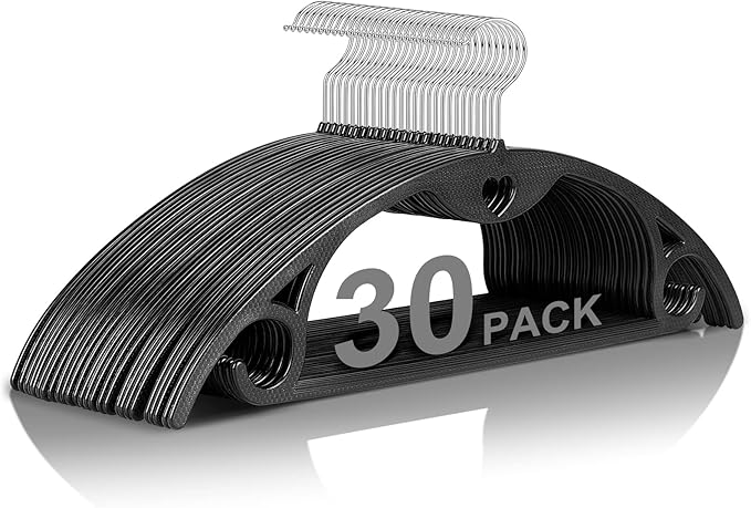Plastic Hangers - Black Clothes Hanger No Shoulder Bumps & 360°Swivel Hook, Thin, Space Saving for Closet, Non Slip, Fit for Suits Pants Heavy Duty Adult Coat - 30 Pack