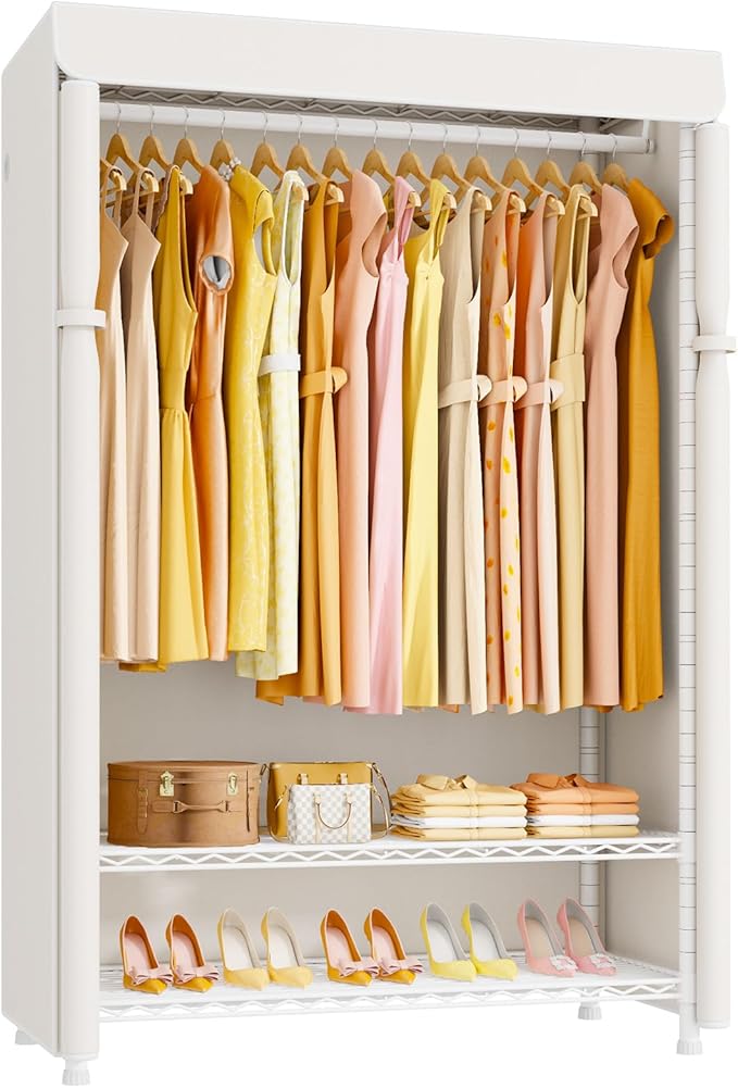 H5C Plus Clothes Rack with Cover, Portable Closet for Hanging Clothes, Covered Clothing Racks Heavy Duty, 3-Tiers Garment Rack with Shelves Max Load 370LBS White Closet Rack with White Cover