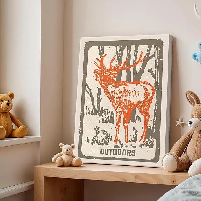 Framed Forest Deer Bear Canvas Wall Art Set of 2, Nursery Wildlife Animal Pictures Wall Decor, Outdoor Nature Woodland Hunting Paintings Prints Farmhouse Home Decor for Kid's Room Bedroom 12x16 inch