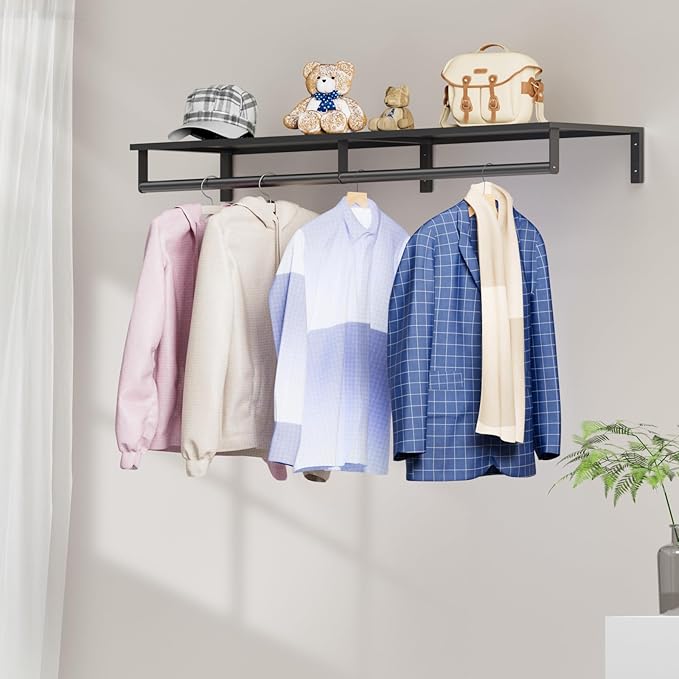 Wall Mounted Clothes Rack with Top Shelf, 46.5'' Industrial Clothing Rack Heavy Duty, Metal Shelf with Hanging Rod, Garment Rack Laundry Room Shelves, Space Saving