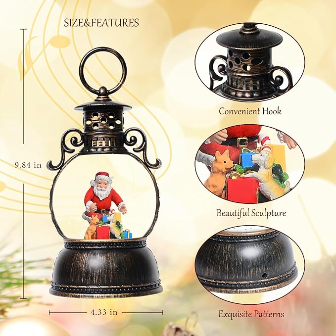 Christmas Snow Globes Lantern, Christmas Table Decorations with 8 Songs, 6H Timer, Battery & USB Powered Glitter Christmas Music Box Home Decor