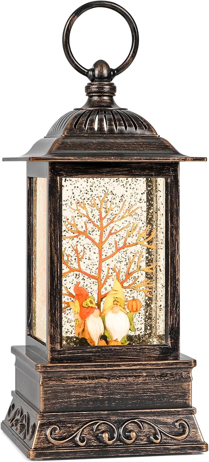 Fall Snow Globe Decorations, Glitter Gnome Lantern with 6H Timer, USB/Battery Powered Lighted Décor for Home, Tabletop, Gift Box