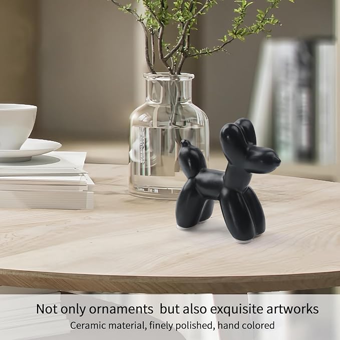 Notakia Cute Ceramics Black Balloon Dog Statue Crafts Living Room Desktop Decorations,Handmade Modern Small Ceramic Animal Statue Ornament Home Decor Accents
