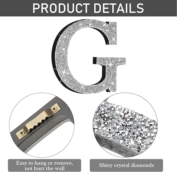Qunclay 8'' Silver Crystal Diamond Bling Letters Crushed Diamond Decoration Wooden Glitter Letter with Screw and Hooks Rhinestone Gift for Wedding Y2k Mcbling Bedroom Wall Decor (Letter G)