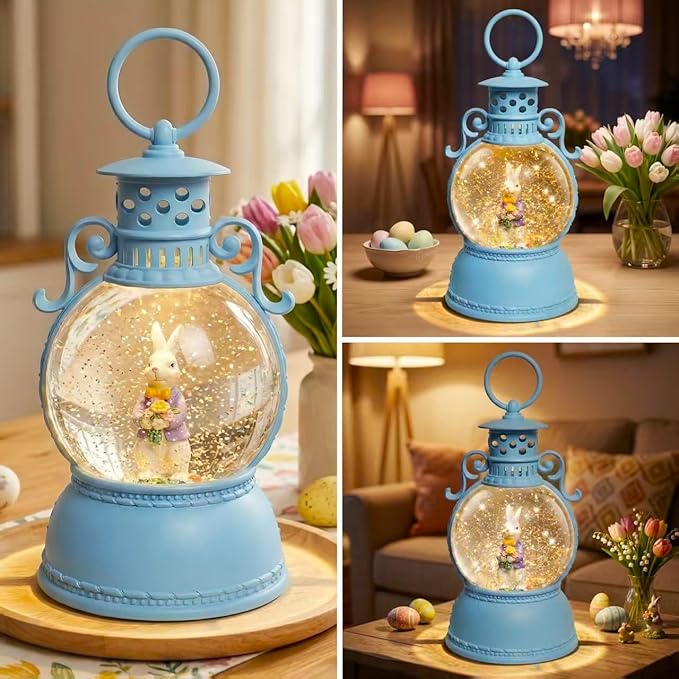 Easter Snow Globe Lantern, 9.4" Bunny Couple Lighted Snow Lantern with 6-Hour Timer, Battery or USB Powered, Spring Easter Decorations for Home, Easter Bunny Gift & Blue Easter Decor