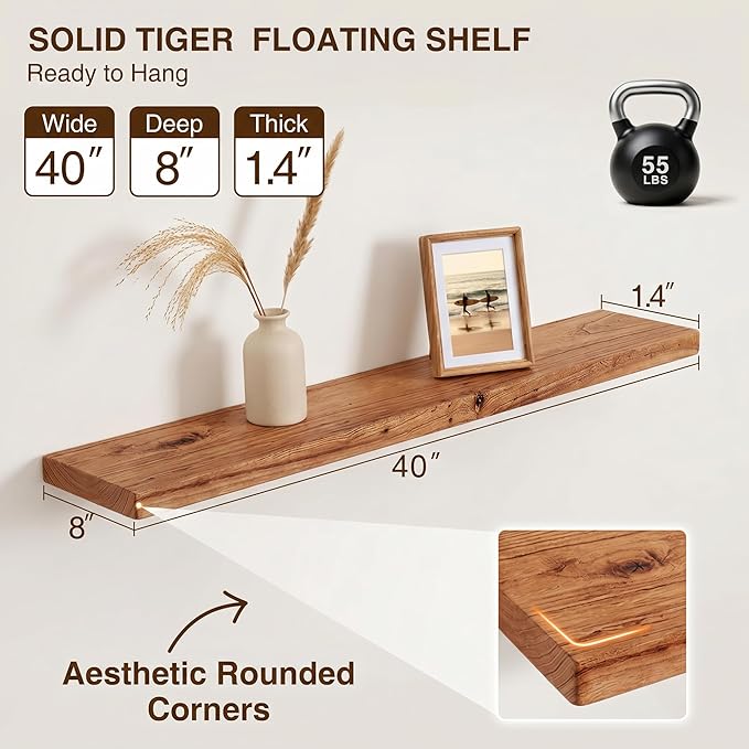 40 Inch Floating Shelves, Solid Wood Wall Shelves, 8 Inch Deep Floating Shelf – for Bathroom, Bedroom, Living Room, Kitchen, Home Decor & Storage, Heavy-Duty Wooden Shelf Wall-Mounted, Set of 2