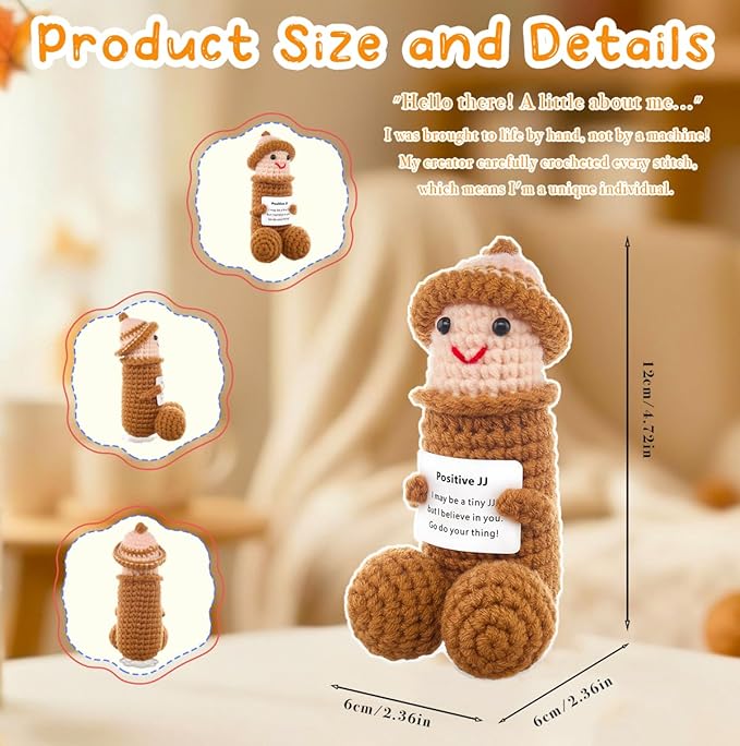 Funny Positive Crochet Animals Gag Doll Emotional Support Stuffed plushies for Adult Men Women,Weird Things Motivational White Elephant Christmas Gift(Brown JJ with Hat)