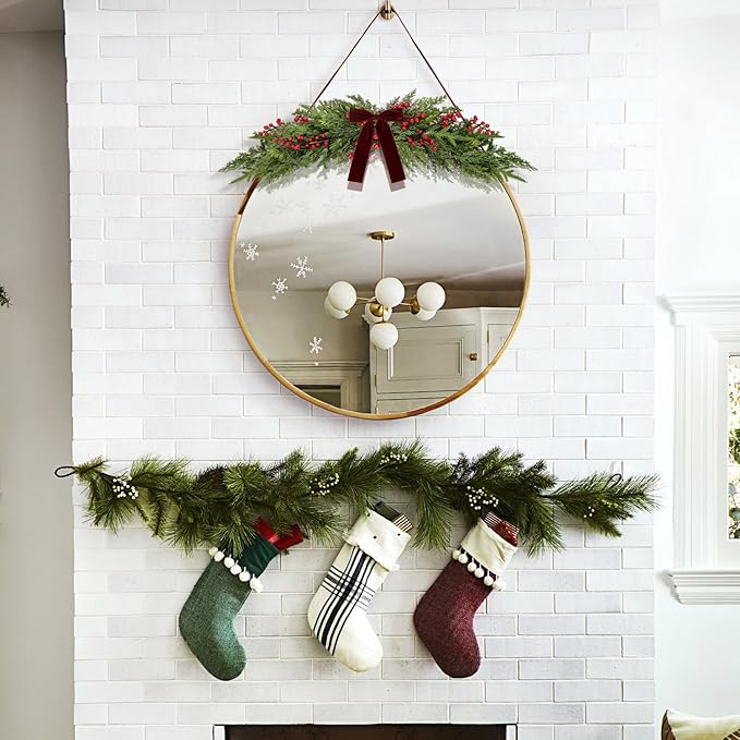 60cm Artificial Christmas Norfolk Pine Cedar Swags with Velvet Bow Greenery Decoration for Mantel Window Mirror Picture Frame Mailbox Holiday Indoor Outdoor Home Decor (Red Berry, 60cm/23.6'')
