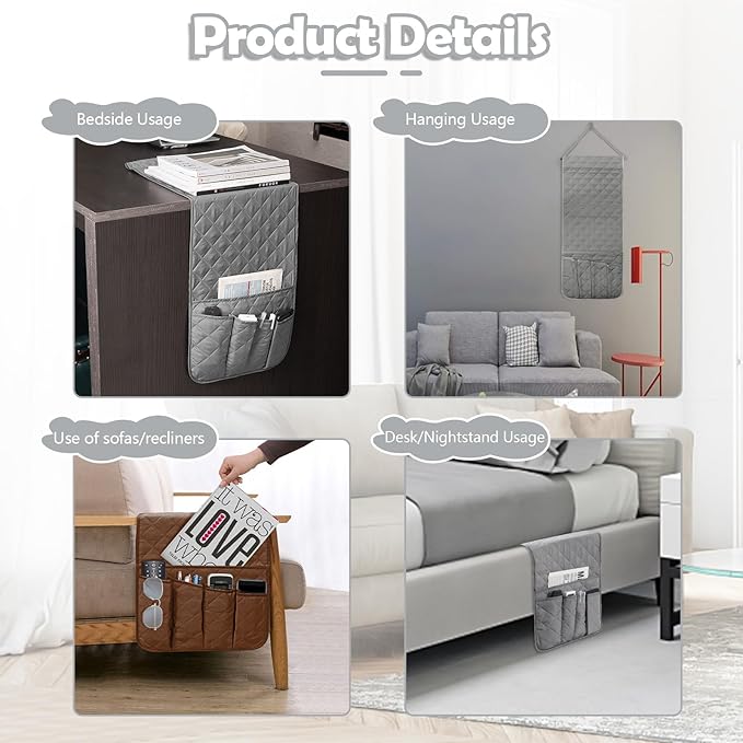Huakaile Foldable Remote Control Holder Non-Slip Couch Sofa Chair Waterproof Armrest Organizer with 5 Pockets Armrest Organizer Couch Recliner Caddy Fits for Ipad, Phone, Magazines (Grey)