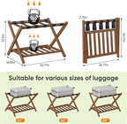 26.77“ Fully Assembled Dark Walnut Luggage Racks with Folable Storage Shelf, 5 Heavy-Duty Straps Bamboo Suitcase Stand, Luggage Holders for Guest Room, Bedroom, Hotel
