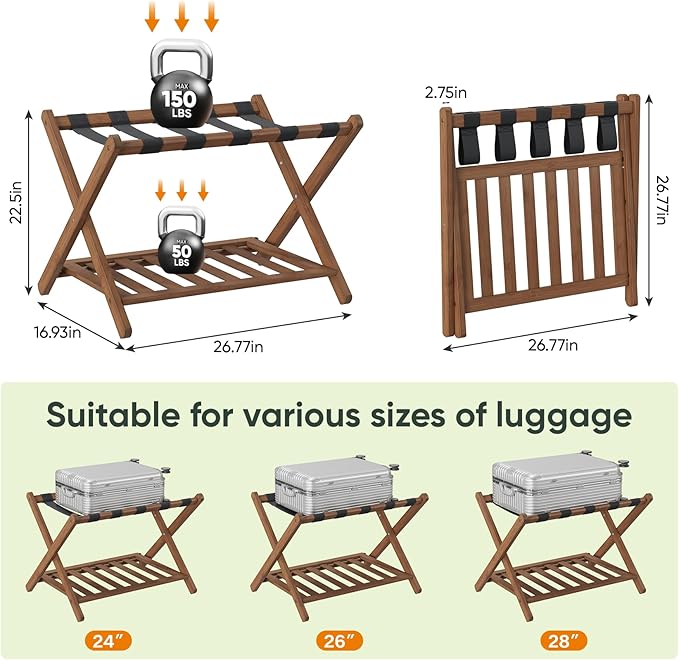 26.77“ Fully Assembled Dark Walnut Luggage Racks with Folable Storage Shelf, 5 Heavy-Duty Straps Bamboo Suitcase Stand, Luggage Holders for Guest Room, Bedroom, Hotel