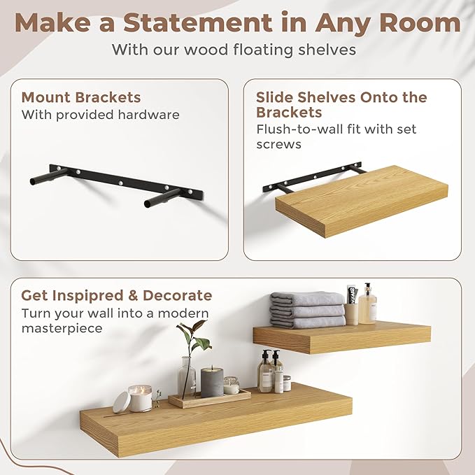 30 Inch Floating Shelves for Wall Set of 2, 12"D Wood Grain Bathroom Shelves with Invisible Brackets, Easy Install Engineered Wood Storage Shelves for Kitchen, Living Room, Bedroom, Oak Finish