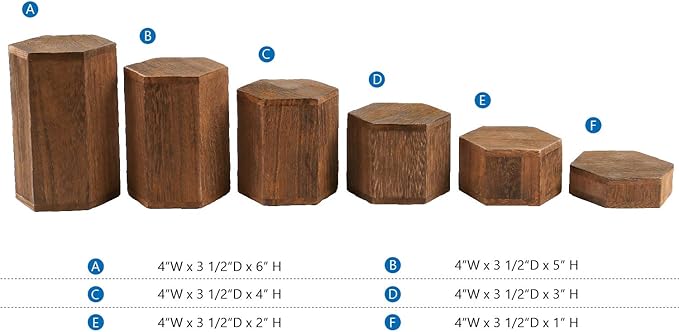 MOOCA Wooden 6 Pcs Hexagon Risers for Display Jewelry and Accessories Display Stand, Brown