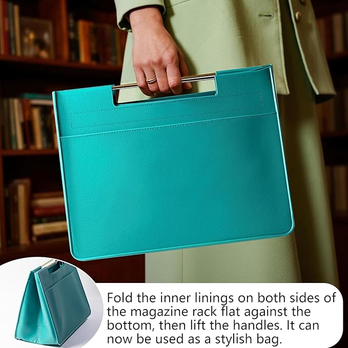 Leather Magazine Holder Foldable with Handles，Stable Magazine Rack Floor，Magazine Basket File Holder Storage，Document File Folder Organizer Free Standing for Office Living Room (green)