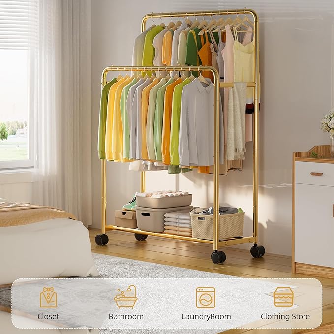 Simple Trending Clothing Clothes Rack Double Rods with Wheels, Rolling Metal Garment Rack for Hanging, Gold