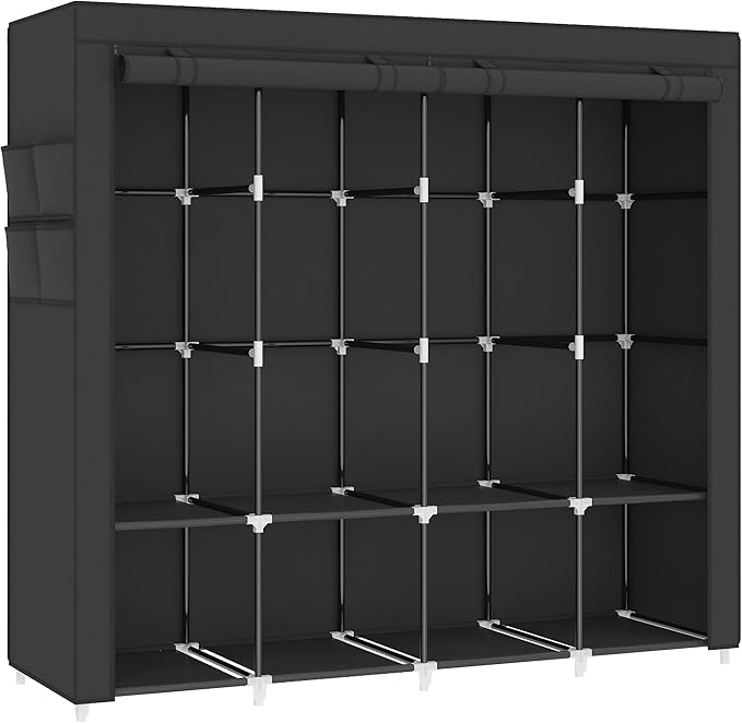 67 Inch Portable Closet Wardrobe for Hanging Clothes, Wardrobe Closet with Cover, 4 Hanging Rods and Side Pockets, 8 Storage Shelves, Large Clothes Organizer for Bedroom, Living Room, Black