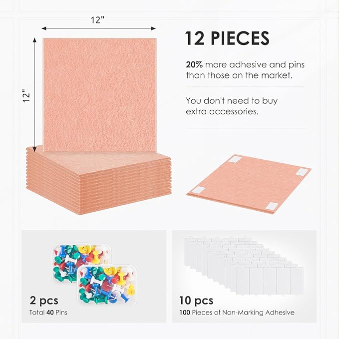 Large Cork Board for Walls 48"x36" |Cork Board Alternative| 12 Pack Felt Wall Tiles| Pink Bulletin Board with Removable Adhesive | Cork Boards Pinboard for Office Home Classroom，Pink