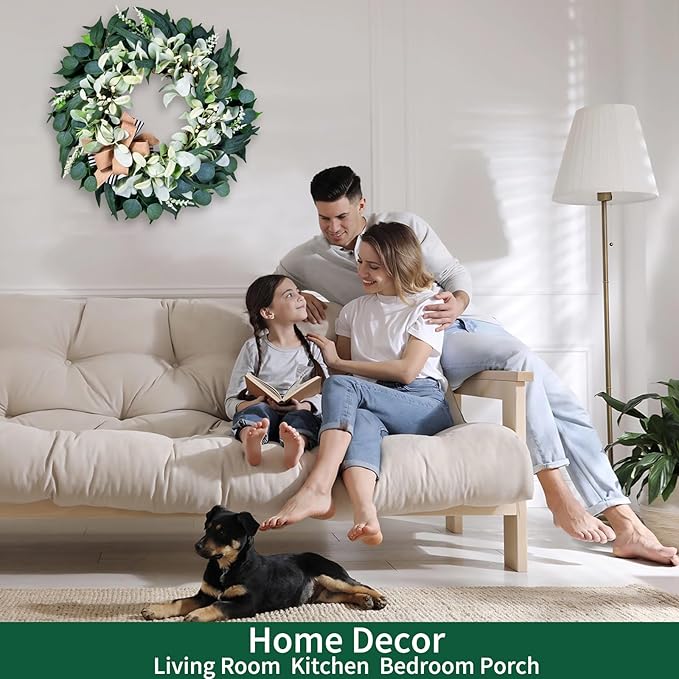 Artificial Wreaths for Front Door Year Round, 20-22" Green Eucalyptus Spring Summer Wreath with Lamb’s Ear Willow Ficus Leaves Bow, Modern Farmhouse Home Decor Porch Indoor Outdoor