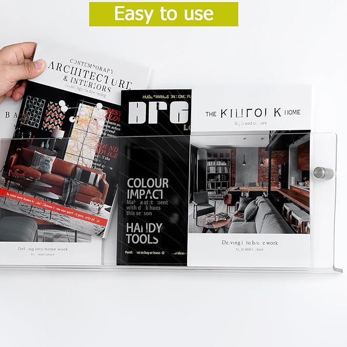 2 Pack Clear Acrylic Magazine Holder, Wall Mount Hanging Bookshelf Literature Storage Rack, Brochure File Display Shelf for Waiting Room, Living Room, Office, Home