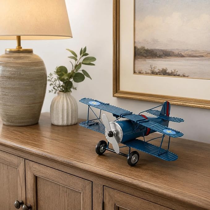 LOGOFUN Vintage Airplane Decor Metal Iron Aircraft Biplane Model Retro Hanging Plane Handicraft Ornament for Home Desktop Decoration - Blue 16.00X13.00X5.50cm