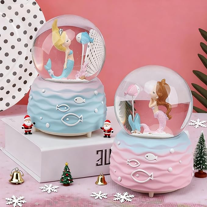 Snow Globes,Mermaid Snowglobes with Musical,LED Lights, Musical Snow Globe Music Box Color Lights
