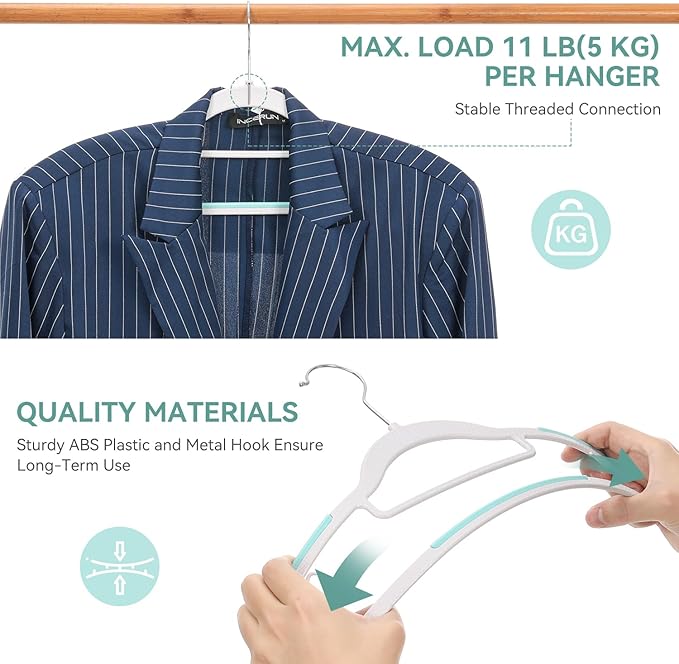 Pack of 30 Coat Hangers, Space-Saving Plastic Clothes Hangers, Non-Slip, 0.2 Inches Slim, 360° Swivel Silver Hook for Shirts, Pants, Suit & Wet/Dry Garments, Blue and White