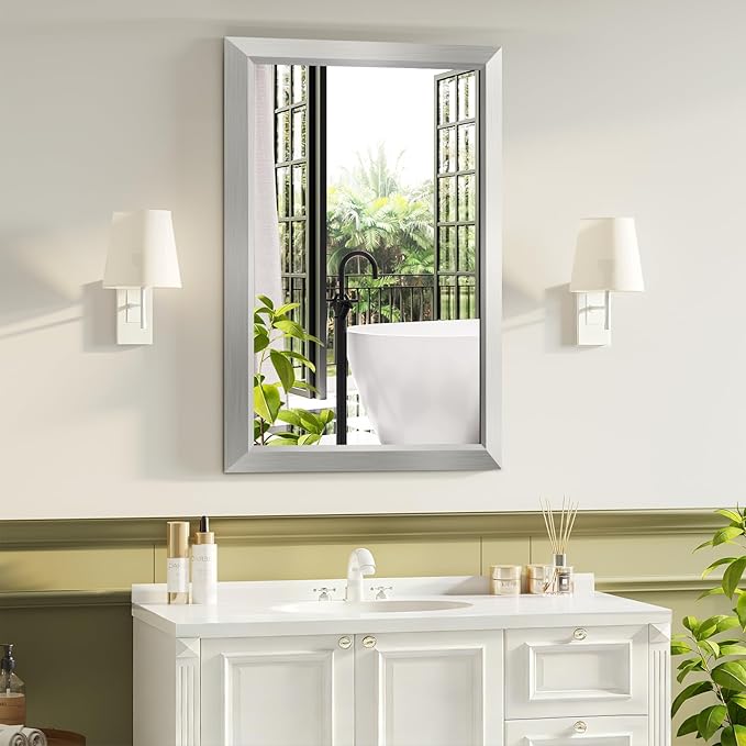 Bathroom Mirror for Over Sink,22x30Inch Silver Thick Anti-Rust Metal Frame, Rectangle Decorative Wall Mirror with HD Tempered Glass, Horizontal or Vertical Mount for Vanity, Bathroom,Living Room
