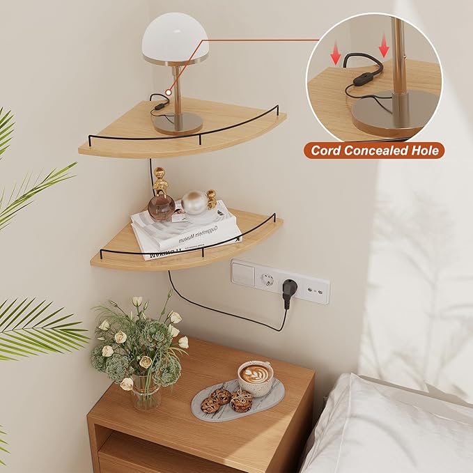 JJL Corner Shelf Wall Mounted, 12 Inches 2-Tier Floating Corner Shelf, Fan-Shaped Rustic Wood Decor with Fence, Natural Wood Grain Storage for Apartment Bedroom Kitchen Bathroom