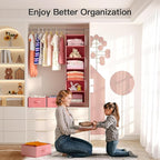 Pipishell Hanging Closet Organizer 6-Shelf, Hanging Shelves for Closet with 3 Removable Drawers & Side Pockets for Bedroom, Garment Rack and Wardrobe Organization, 12' x 12' x 43.3', Pink