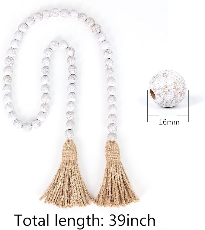 Wood Bead Garland Farmhouse Beads with Tassels,Farmhouse Tassel Garland Country Wall Hanging Decor Prayer Beads(39 inches)