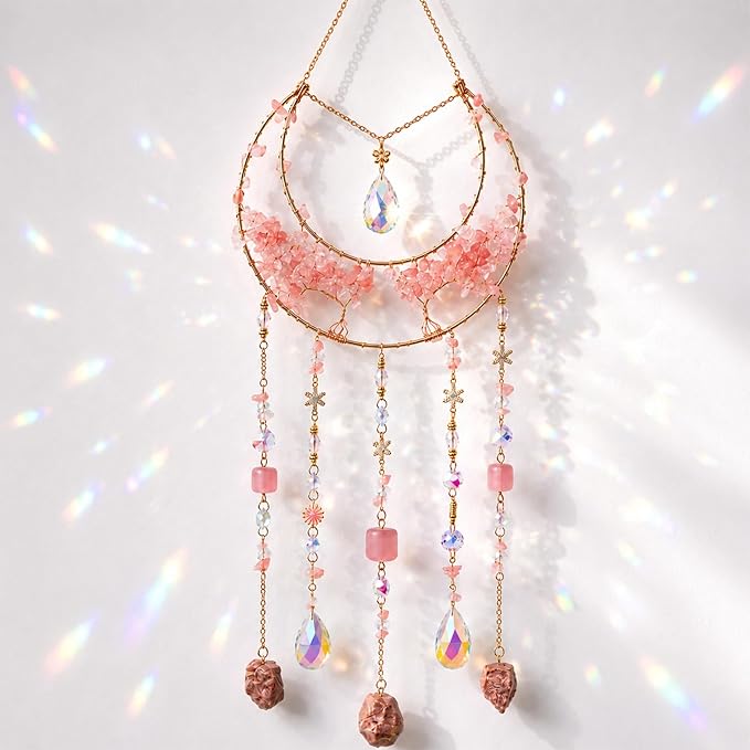 AWLEE Crystal Dream Catcher Pink, Boho Moon Dream Catchers for Adults Girls, Handmade Crystal Dreamcatcher Wall Hanging for Bedroom Living Room Window Garden Décor