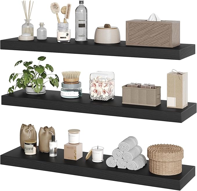 RALGEND Floating Shelves for Wall, 1.5" Thick Wall Shelf Set of 3 with Invisible Brackets, L31.5 x W7.9 Hanging Book Shelves Farmhouse Home Decor for Bathroom, Living Room, Bedroom, Black 8301BJP3BK