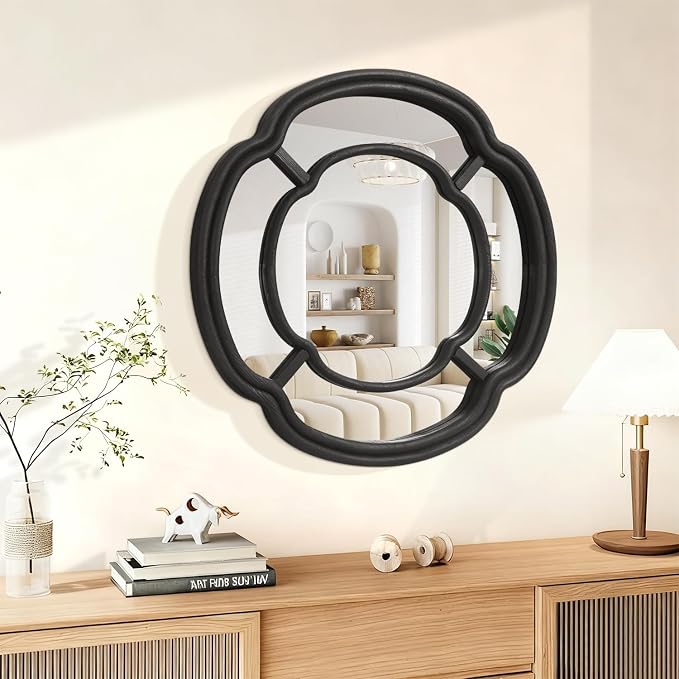Black Wall Mounted Mirror, Irregular Circle Hanging Mirror Wooden Wavy Framed Round Decorative Mirrors for Hallway Entryway Vanity Decor 20 Inch Mirrors