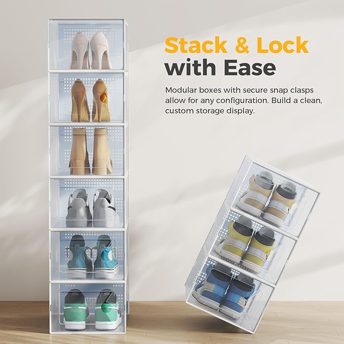 NEWBULIG 12 Pack Clear Shoe Storage Boxes, Shoe Organizer for Closet with Lid, Durable PE Transparent Shoe Containers Ideal for Sneakers, Heels & Boots, White