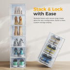 NEWBULIG 15 Pack Clear Shoe Storage Boxes, Shoe Organizer for Closet with Lid, Durable PE Transparent Shoe Containers Ideal for Sneakers, Heels & Boots, White