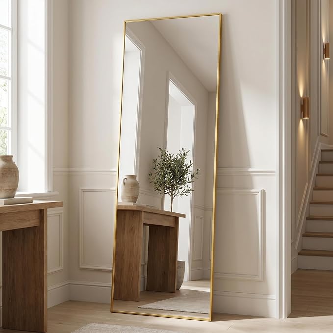 BEAUTYPEAK Full Length Mirror, 58"x14" Standing Hanging or Leaning Against Wall Floor Mirrors Body Dressing Wall-Mounted for Living Room, Bedroom with Aluminum Alloy Thin Frame, Gold