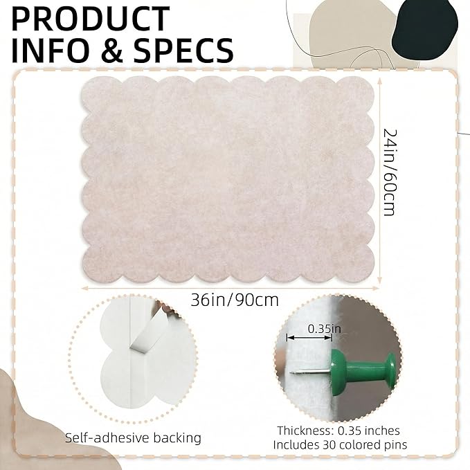Scalloped Beige Felt Bulletin Board 36x24 Inches - Self-Adhesive Foldable, with 30 Pushpins, Cork Board Alternative - Decorative Pin Board for Wall, Home, Office & School (Beige, 36"x 24")