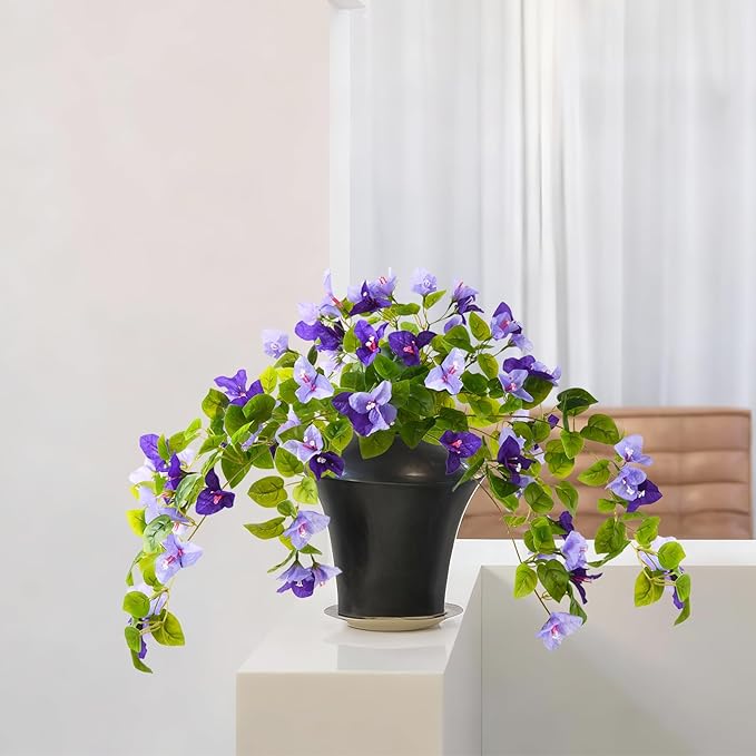 Homsunny Artificial Fake Flowers Plants for Outdoor Decoration, 2 Pcs Faux Silk Flower Bougainvillea Vines Look Real UV Resistant for Home Porch Patio Balcony Yard Spring Decor(Purple)